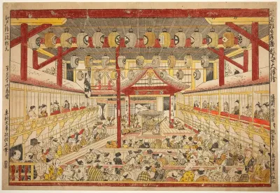 Large Perspective Picture of the Kaomise Performance on the Kabuki Stage (Shibai kyogen butai kaomise o uki-e)