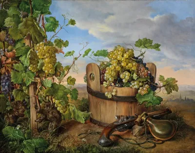 Large Still Life with Grapes, Flintlock Pistol and Powder Flask, a church in the background