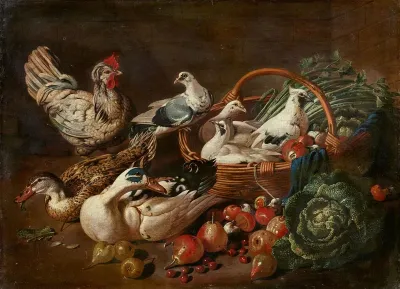 Large Still Life with Vegetables, Fruit, Pidgeons, Ducks, and a Rooster