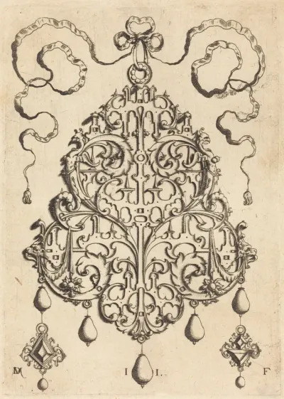 Large Strapwork Pendant with Two Hangers as Earrings at Left and Right