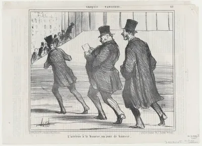 L'arrivée à la bourse, un jour de hausse, from Croquis Parisiens, published in Le Charivari, September 18, 1858