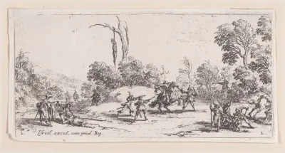 L'Attaque sur la Route estampe appelée aussi Vol Sur Les Grands Chemins (Attack on Route, also called Theft on the Great Road), plate 2 from "Les Petites Misères de la Guerre" (The Little Miseries of War)