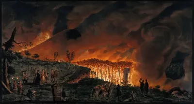 Lava emerging from Mount Vesuvius at night and running towards Resina, 11 May 1771
