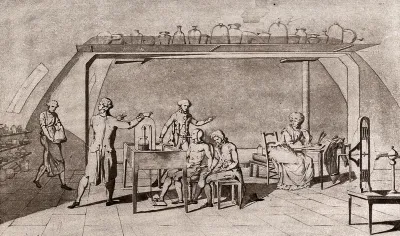 Lavoisier in his laboratory conducting an experiment on the respiration of a man at work