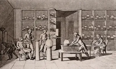 Lavoisier in his laboratory conducting an experiment on the respiration of a man resting