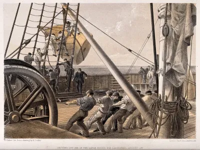 Laying a cable on the Atlantic seabed: the crew of the Great Eastern launching a buoy in an attempt to retrieve a lost cable