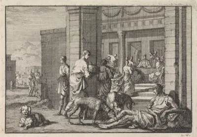 Lazarus bedelt aan de feestdis van de rijke man