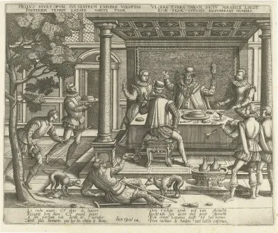 Lazarus bedelt aan de feestdis van de rijke man