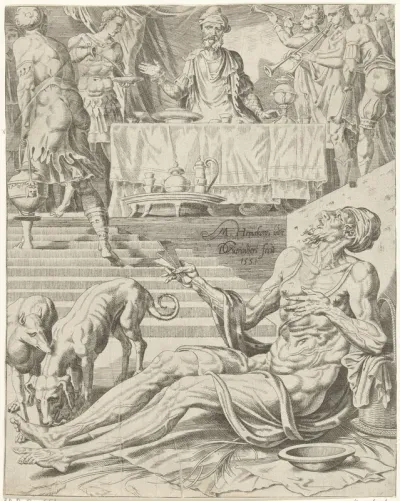 Lazarus bedelt aan de feestdis van de rijke man