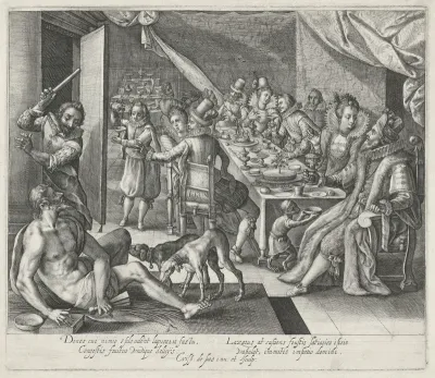 Lazarus bedelt in het huis van de rijke man
