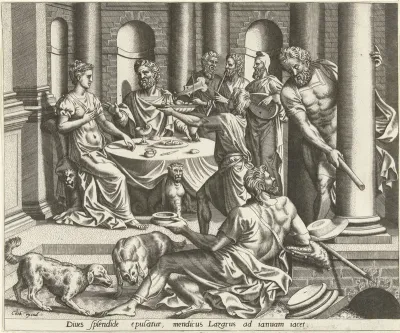 Lazarus bedelt voor het huis van de rijke man