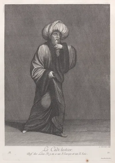 Le Cadi-leskier, Chef des Loix; il y en a un d'Europe et un d'Asie, plate 21 from "Recueil de cent estampes représentent differentes nations du Levant"