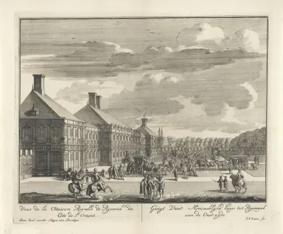 Le Château Roial de Ryswick Appellée de Neubourg avec les differens apartemens ou se tiennent les Conferenes de la Paix Generale / Het Koninglyke Kasteel tot Ryswyck, Genaamt Nieuwburg, met alle des selfs Kamers en gezigten, in 't bysonder, daar de C
