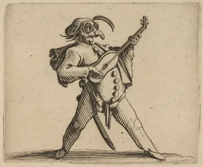 Le Comédien Masqué Jouant de la Guitare (The Masked Comedian Playing the Guitar), from "Varie Figure Gobbi, suite appelée aussi Les Bossus, Les Pygmées, Les Nains Grotesques" (Various Hunchbacked Figures, The Hunchbacks, The Pygmes, The Grotesque Dwa
