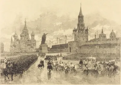 Le Couronnement du Tzar.  Le Cortège imperiale traverse la Place Royale