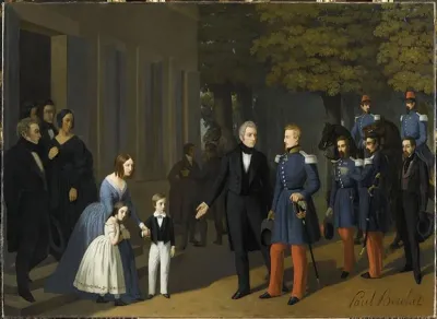 Le duc d’Aumale et sa suite rendant visite à Ange-Henri de La Sizeranne, sénateur, devant la façade du château de Beausemblant