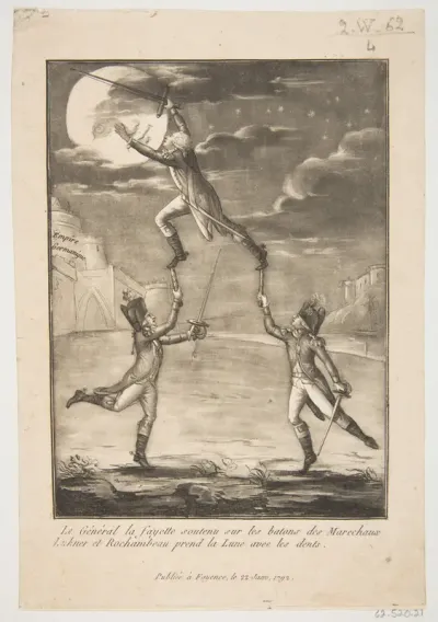Le Général la fayette soutenu sur les batons des marechaux Lukner et Rochambeau prend la Lune avec les dents