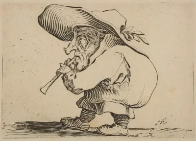 Le Joueur de Flageolet (The Flageolet Player), from "Varie Figure Gobbi, suite appelée aussi Les Bossus, Les Pygmées, Les Nains Grotesques" (Various Hunchbacked Figures, The Hunchbacks, The Pygmes, The Grotesque Dwarfs)