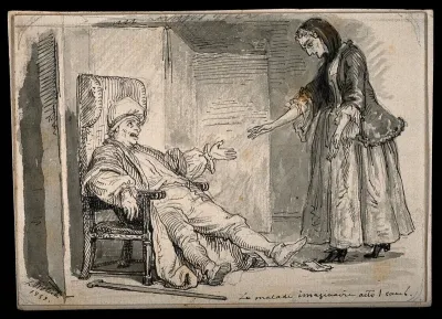 Le malade imaginaire: Argan, a hypochondriac, complaining of his ailments to his nurse