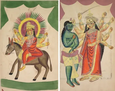 Leaf from a Kalighat album: Sheetaladevi: The Smallpox Goddess (recto); Durga (verso)