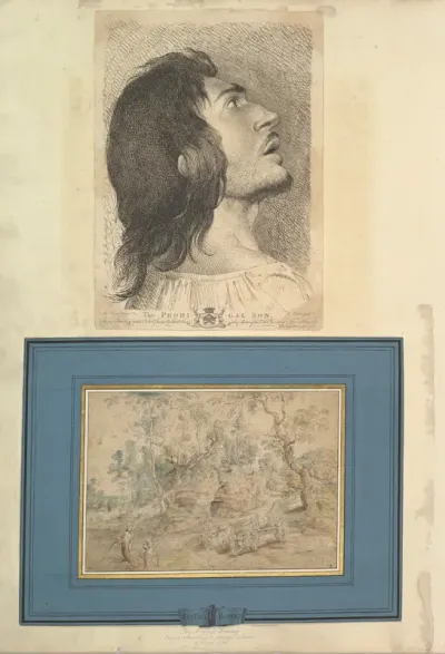 Leaf from Aedes Walpolianae mounted with a print and a drawing (a): Head in Profile of Prodigal Son; (b): The Wagonner (after Peter Paul Rubens) in Jean-Paul Mariette mount