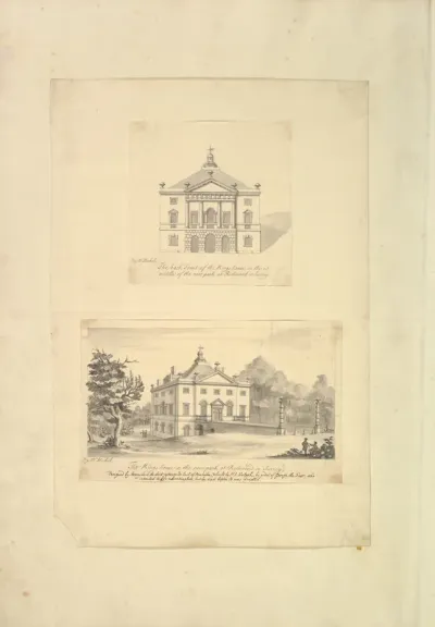 Leaf from Aedes Walpolinae mounted with (a): Elevation of Back Façade of the Kings House, Richmond, Surrey and (b): Perspective View of the Entrance Front of the Kings House, Richmond, Surrey