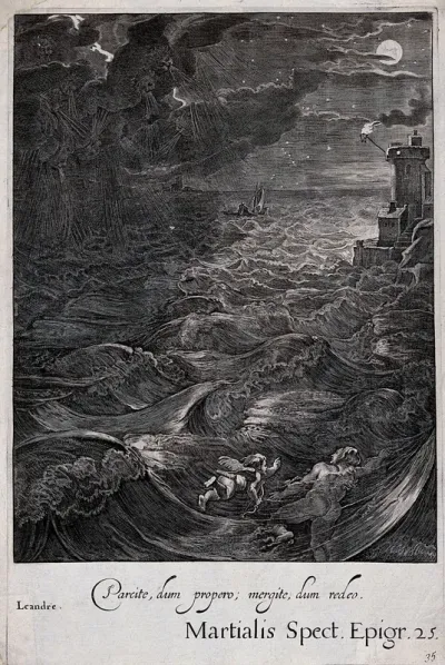Leander swimming the Hellespont towards Hero's light, with Eros guiding him