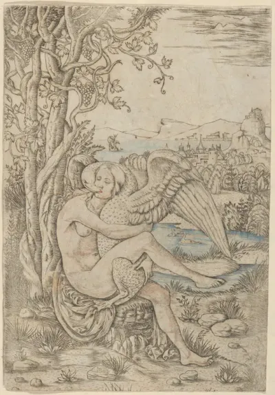 Leda and the Swan set in a landscape