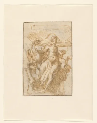 Leda of Venus (?) met vogel en putti voor een schelp