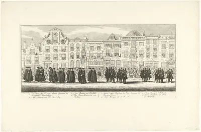 Leden van de Staten-Generaal en hofdienaren in de lijkstoet van Anna van Hannover te Delft, 1759