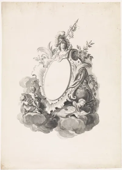 Leeg cartouche bekroond met buste van Minerva