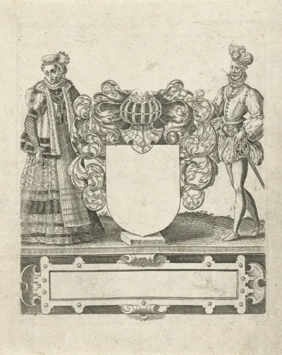 Leeg wapenschild met man en vrouw als schildhouders