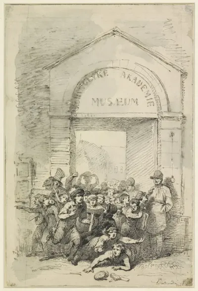 Leerlingen verdringen elkaar bij de opening van het Museum van de Koninklijke Academie