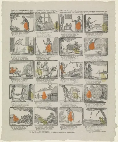 Leert uit Duimkens aardig leven, ('t geen wij u in prent hier geven : ) / Zijt g'ondeugend, hoewel klein, dat uw eind zal droevig zijn / Enfans si de Poucet, je vous donne l'image, c'est pour vous exciter à toujours rester sage; / Recherchez la vertu