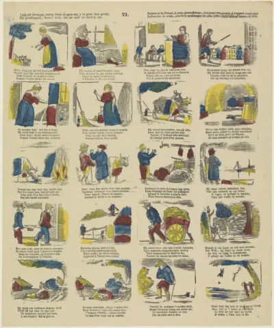 Leert uit Duimpjes aardig leven, ('t geen wij u in prent hier geven : ) / Zijt g'ondeugend, hoewel klein, dat uw eind' zal droevig zijn / Enfants si de Poucet, je vous donne l'image, c'est pour vous exciter à toujours rester sage; / Recherchez la ver