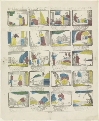 Leert uit Duimpjes aardig leven, ('t geen wij u in prent hier geven : ) / Zijt g' ondeugend, hoewel klein, dat uw eind' zal droevig zijn / Enfants si de Poucet, je vous donne l'image, c'est pour vous exciter à toujours rester sage; / Recherchez la ve