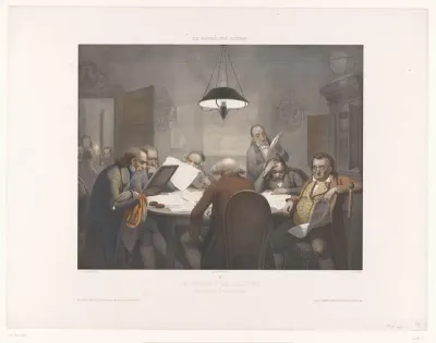 Leeskabinet met lezende mannen aan een ronde tafel