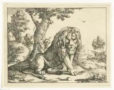 Leeuw zittend bij boom