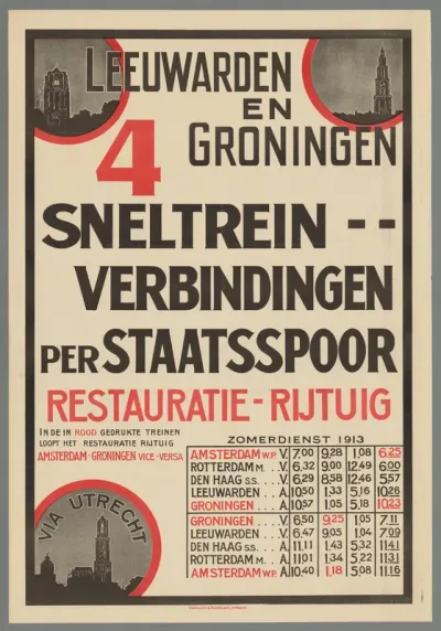 Leeuwarden en Groningen via Utrecht. 4 sneltreinverbindingen per staatsspoor restauratie-rijtuig. Zomerdienst 1913