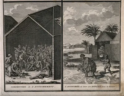 (Left) a celebration of the birth of a child, (right) the child's first bath