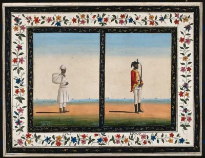 Left, a dhobi (washer man) (?) holding a bundle tied in cloth; right, a sepoy (soldier) holding a sword