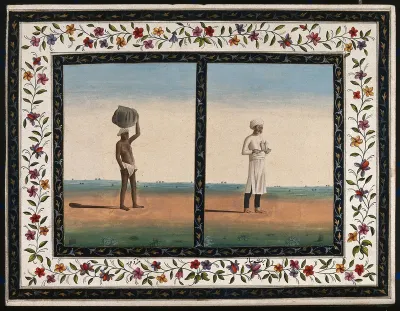 Left, a labourer carries a heavy load on his head; right, an attendant or bearer carries a tray