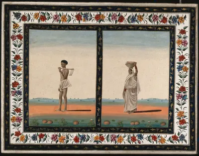 Left, a male labourer holding a spade over his shoulder; right, a female labourer carrying a basket of stones on her head