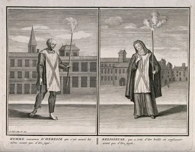 Left, a man convicted of heresy in the Spanish Inquisition; right, a nun that escaped being burned at the stake by recanting