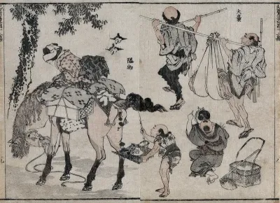 Left, a small man (a dwarf?) lifts a horse's tail with a bamboo rod to catch its faeces in a scoop; above right, a man with filarial elephantiasis is helped to carry his enlarged scrotum supported with a sling; below right, a woman carrying a baby on