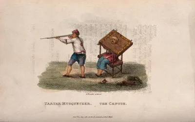Left, a Tartar musketeer holding a gun; right, Chinese man carrying the cangue around his neck as a punishment