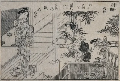 Left, a woman cleaning her teeth; right, a servant brings washing water