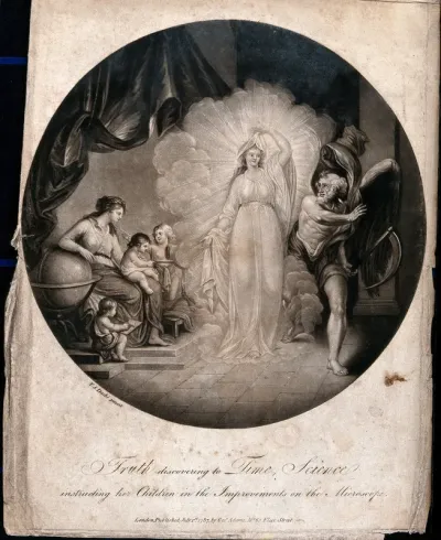 Left, a woman personifying science instructing her children in how to use a microscope; a woman personifying truth reveals the scene to Father Time