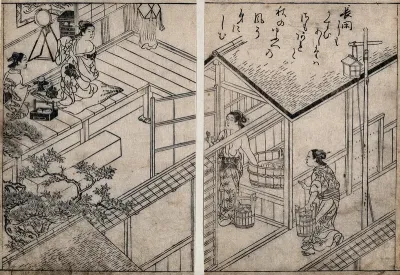 Left, a woman undressing (?) to take a bath; right, two women preparing a bath