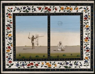 Left, a worker carrying some equipment (?); right, a knife sharpener, sharpening a knife